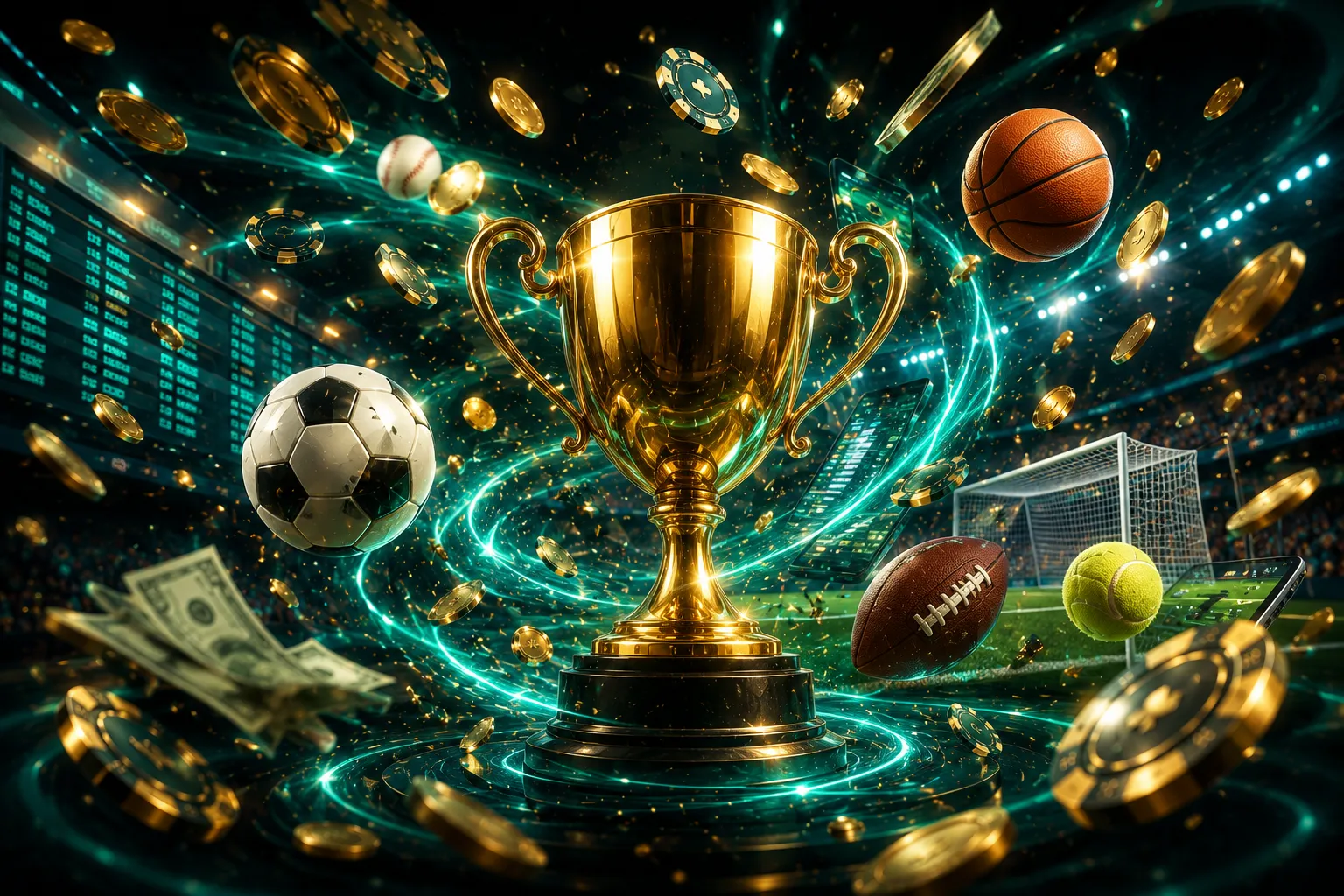 Football action in a packed stadium with golden coins